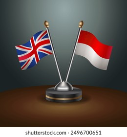 United Kingdom and Indonesia flags on sticks, symbol of national cooperative relations, 3d illustration, Vector illustration.