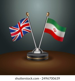 United Kingdom and Iran flags on sticks, symbol of national cooperative relations, 3d illustration, Vector illustration.