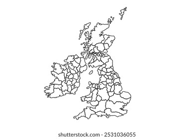 United Kingdom and Ireland map outline, linear doodle illustration. isolated on white background for website layouts,background,education, precise,customizable,Travel worldwide,map silhouette.