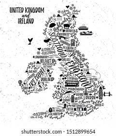 United Kingdom and Ireland Map. Travel  Poster with cities and sightseeing attractions. Inspirational Vector Illustration.