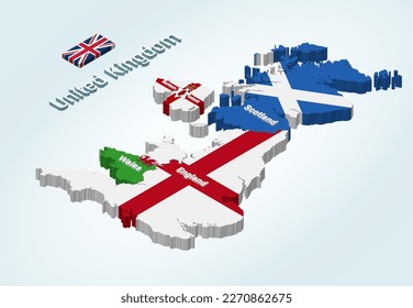 United Kingdom isometric map with flags incorporated inside countries' silhouettes