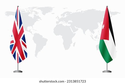 United Kingdom and Jordan flags for official meeting against background of world map.