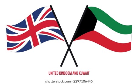 Banderas del Reino Unido y Kuwait Cruzadas y ondeadas de estilo plano. Proporción oficial. Colores correctos.