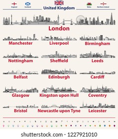United Kingdom largest cities skylines in black and white color palette. All elements separated in editable and detachable layers. Vector illustration