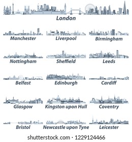 United Kingdom largest cities skylines in tints of blue color palette vector set