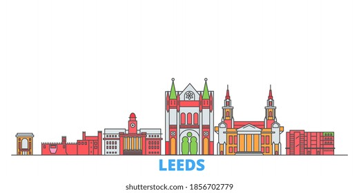 United Kingdom, Leeds line cityscape, flat vector. Travel city landmark, oultine illustration, line world icons