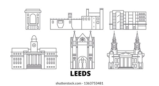 United Kingdom, Leeds line travel skyline set. United Kingdom, Leeds outline city vector illustration, symbol, travel sights, landmarks.