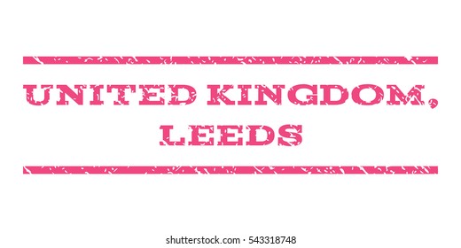 United Kingdom, Leeds watermark stamp. Text tag between horizontal parallel lines with grunge design style. Rubber seal stamp with dirty texture. Vector pink color ink imprint on a white background.