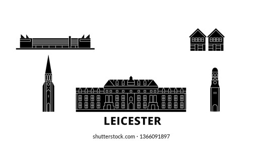 United Kingdom, Leicester flat travel skyline set. United Kingdom, Leicester black city vector panorama, illustration, travel sights, landmarks, streets.