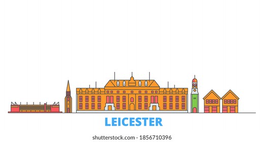 United Kingdom, Leicester line cityscape, flat vector. Travel city landmark, oultine illustration, line world icons