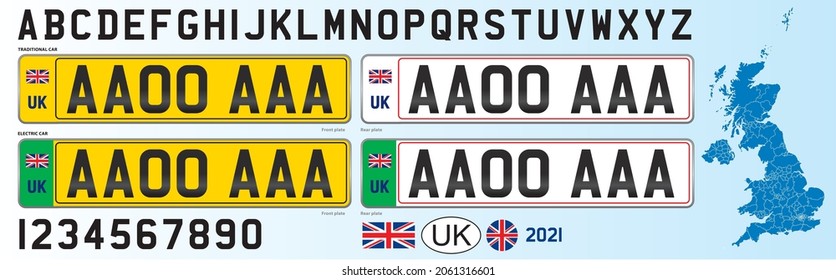 United Kingdom license plate new design 2021, numbers, lettering and symbols, vector illustration