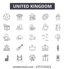 United kingdom line icons, signs set, vector. United kingdom outline concept, illustration: travel,kingdom,background,country,uk,england