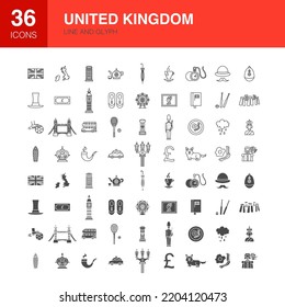 United Kingdom Line Web Glyph Icons. Vector Illustration of England Outline and Flat Symbols. 