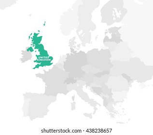 United Kingdom location modern detailed map. All european countries without names. Vector template of beautiful flat grayscale map design with selected country name text and border location
