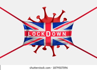 United Kingdom Lockdown. UK flag shaped like a medical mask with lockdown warning. Danger of a new strain of coronavirus - VUI 202012-01. Safety alert for coronavirus crisis, covid-19 disease. Vector