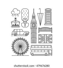 United Kingdom, London city, vector outline illustration, icon set: rain, man, crown, car, Ferris wheel, Big Ben, bus, flag, umbrella, phone, bench