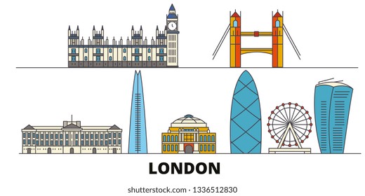 United Kingdom, London flat landmarks vector illustration. United Kingdom, London line city with famous travel sights, skyline, design. 