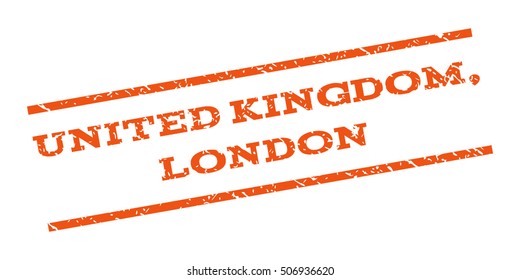 United Kingdom London watermark stamp. Text tag between parallel lines with grunge design style. Rubber seal stamp with unclean texture. Vector orange color ink imprint on a white background.