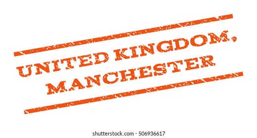 United Kingdom Manchester watermark stamp. Text tag between parallel lines with grunge design style. Rubber seal stamp with dust texture. Vector orange color ink imprint on a white background.