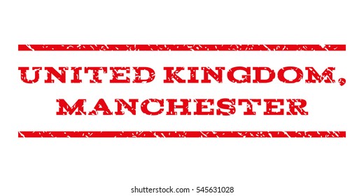United Kingdom, Manchester watermark stamp. Text tag between horizontal parallel lines with grunge design style. Rubber seal stamp with scratched texture.