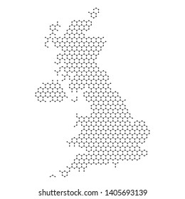 United Kingdom map from abstract futuristic hexagonal shapes, lines, points black, in the form of honeycomb or molecular structure. Vector illustration.
