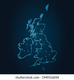 united Kingdom Map Abstract mash line and point scales on dark background. Wire Frame 3D mesh polygonal network line.