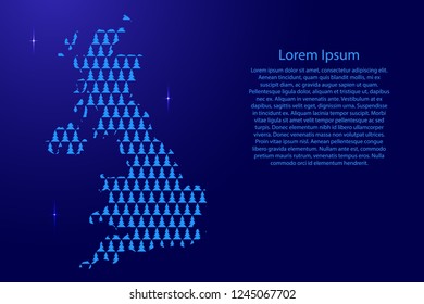 United Kingdom map abstract schematic from blue Christmas tree and Happy New Year decoration pattern with space stars for banner, poster, greeting card. Vector illustration.