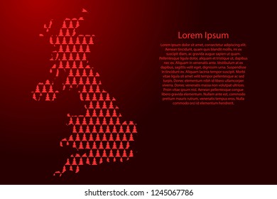 United Kingdom map abstract schematic from red Christmas tree and Happy New Year decoration pattern for banner, poster, greeting card. Vector illustration.