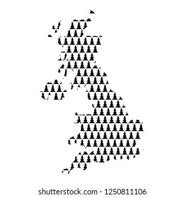 United Kingdom map abstract schematic from black Christmas tree and Happy New Year decoration icon pattern. Vector illustration.