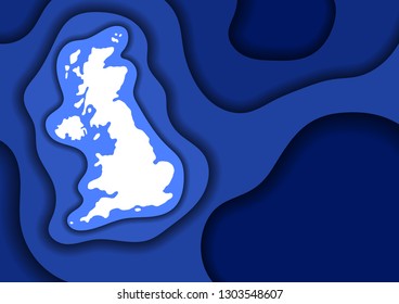 United Kingdom map abstract schematic from blue layers paper cut 3D waves and shadows one over the other. Layout for banner, poster, greeting card. Vector illustration.