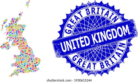 United Kingdom map abstraction. Splash mosaic and corroded stamp seal for United Kingdom map. Sharp rosette blue stamp seal with tag for United Kingdom map.