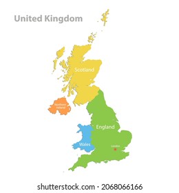 United Kingdom map, administrative division, separate individual regions with names, color map isolated on white background vector