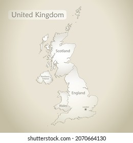 United Kingdom map, administrative division with names, old paper background vector