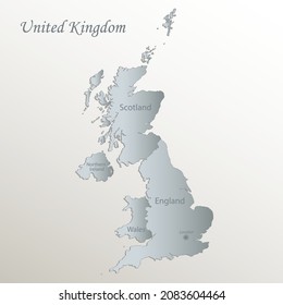 Mapa del Reino Unido, división administrativa con nombres, papel azul blanco vectorial 3D