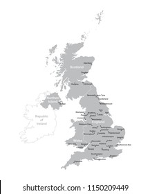 UNITED KINGDOM MAP with big cities, UK MAP with borders on grey background.