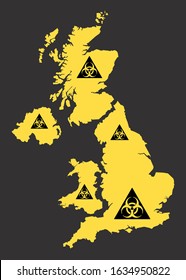 United Kingdom map with biohazard virus sign illustration in black and yellow