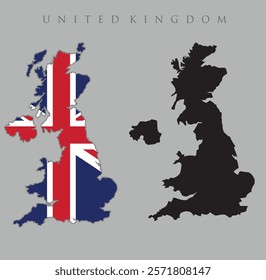 United kingdom Map . black color map of uk detailed borders and regions, accompanied by a colorful side map showcasing major cities with names. Map of Uk in white background .vector illustration 