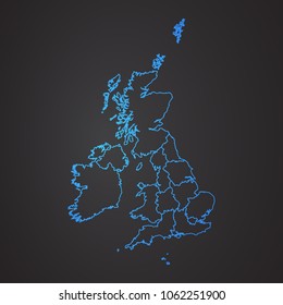 United Kingdom map: blue glitter outline with sparkling stars on dark background, map-United Kingdom.