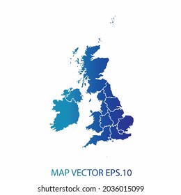 United Kingdom map, blue gradient color , infographic style , on white background with Map World. Wire frame 3D mesh , map 3D,