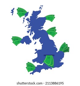 United Kingdom map in blue with money bills around. Money leaving the center of the country. Economy of English country. White background. Isolated.