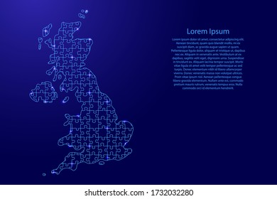 United Kingdom map from blue pattern from composed puzzles and glowing space stars. Vector illustration.