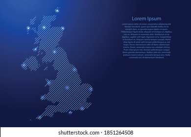 United Kingdom map from blue pattern slanted parallel lines and glowing space stars grid. Vector illustration.