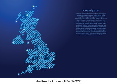 United Kingdom map from blue pattern rhombuses of different sizes and glowing space stars grid. Vector illustration.