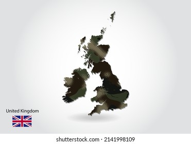 Mapa del Reino Unido con patrón de camuflaje, Selva - textura verde en el mapa. Concepto militar para el ejército, los soldados y la guerra. escudo de armas, bandera.