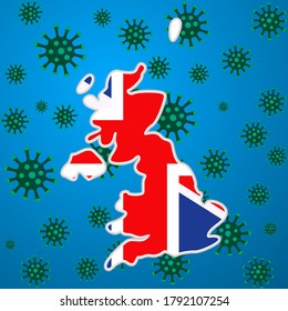 United Kingdom map caution virus.Coronavirus danger and public health risk disease and flu outbreak.Vector illustration.