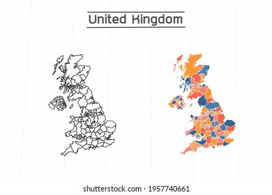 United Kingdom map city vector divided by colorful outline simplicity style. Have 2 versions, black thin line version and colorful version. Both map were on the white background.