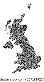 United Kingdom Map collage of circle dots in different sizes and color tones. Dots are grouped into united kingdom map vector composition. Dotted vector design concept.