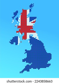 The United Kingdom map is composed of dots with the Union Jack Flag on blue background. Geographic concept. Pixel design.