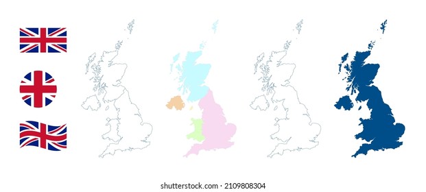 Mapa del Reino Unido. Esbozo azul detallado y silueta. Los cuatro países del Reino Unido. Inglaterra, Escocia, Gales, Irlanda del Norte e Isla de Man. Bandera del país. Conjunto de mapas vectoriales.