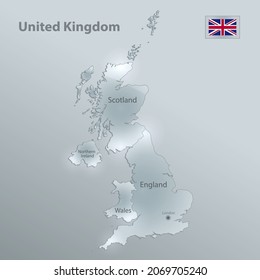 United Kingdom map and flag, administrative division, separates regions and names, design glass card 3D vector